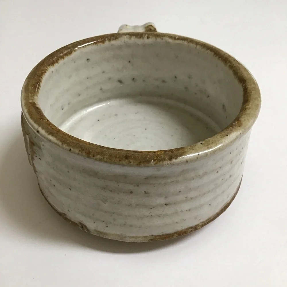 Handmade Studio Pottery Chowder Bowl Handle Natural Speckled Glaze Rustic Cabin